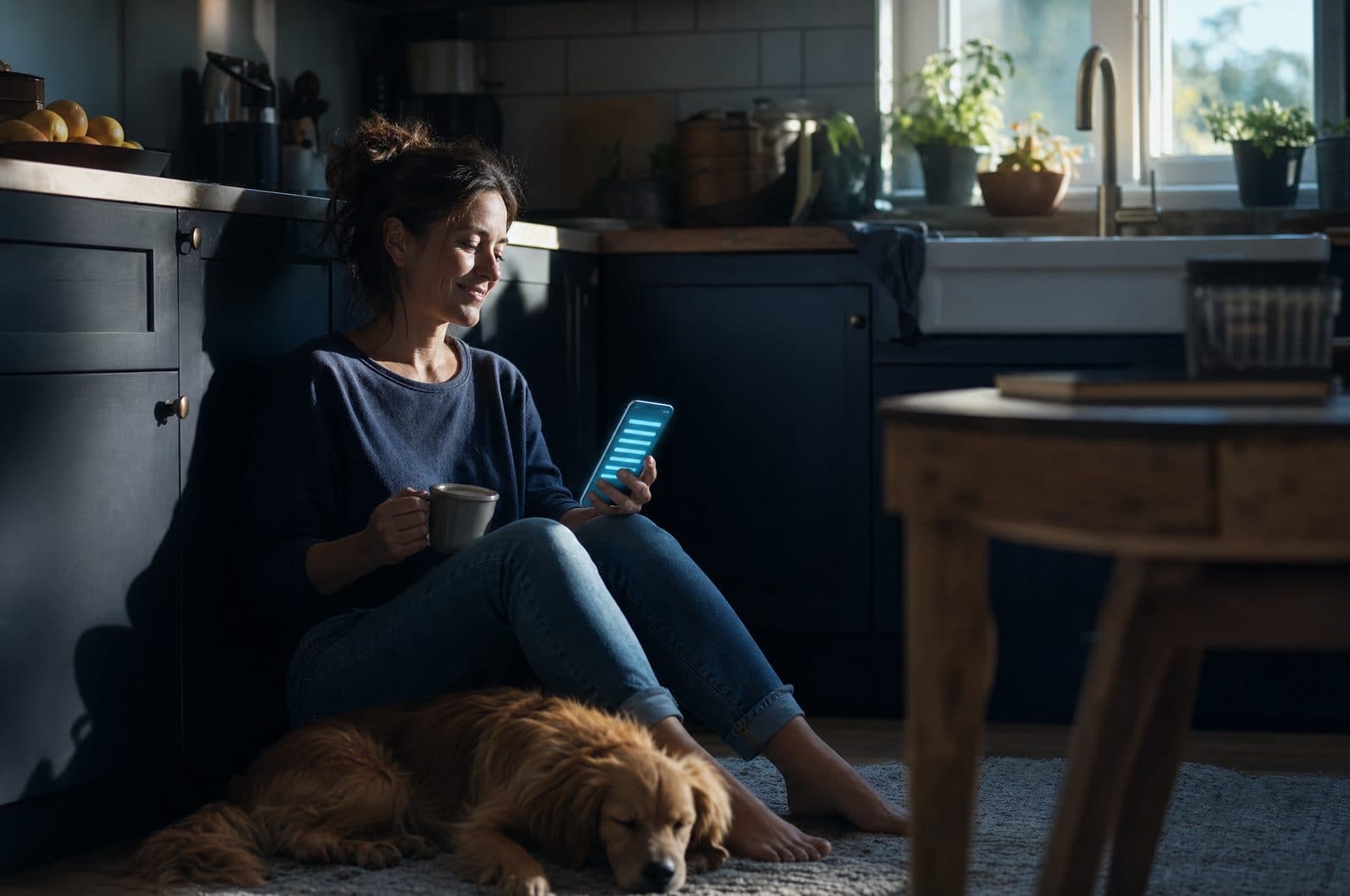 The same owner the next morning with fresh coffee, smiling at a phone showing the overnight work completed