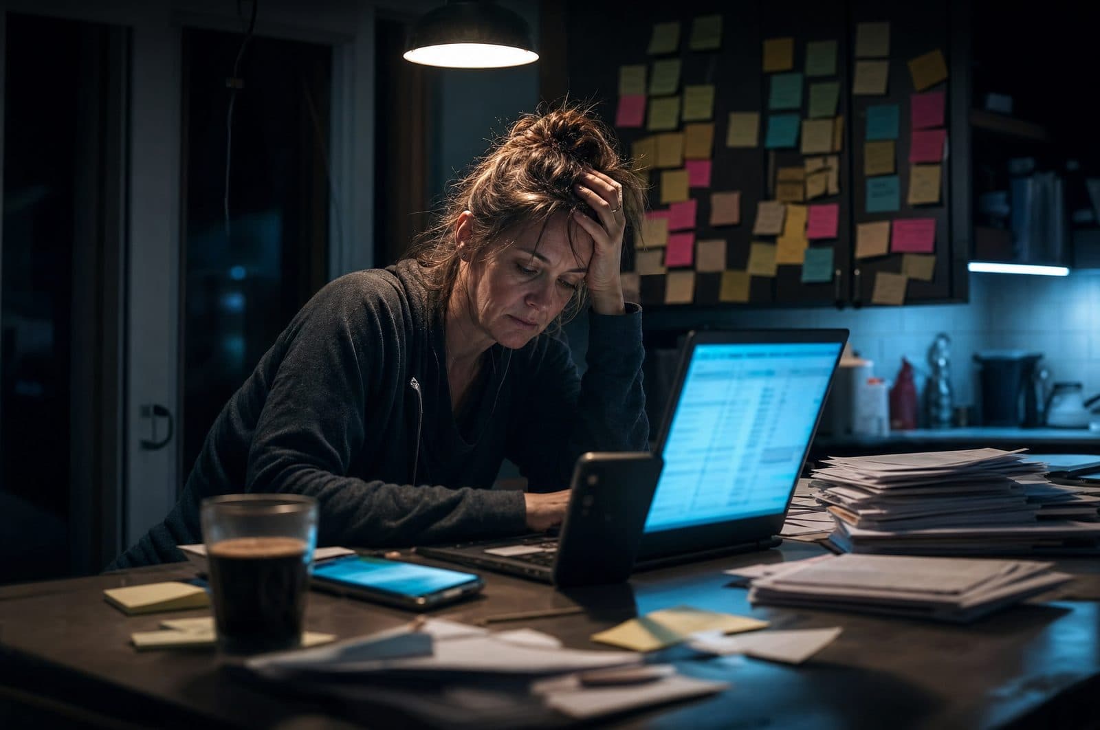 A business owner at a kitchen table late at night, surrounded by sticky notes, invoices and two phones