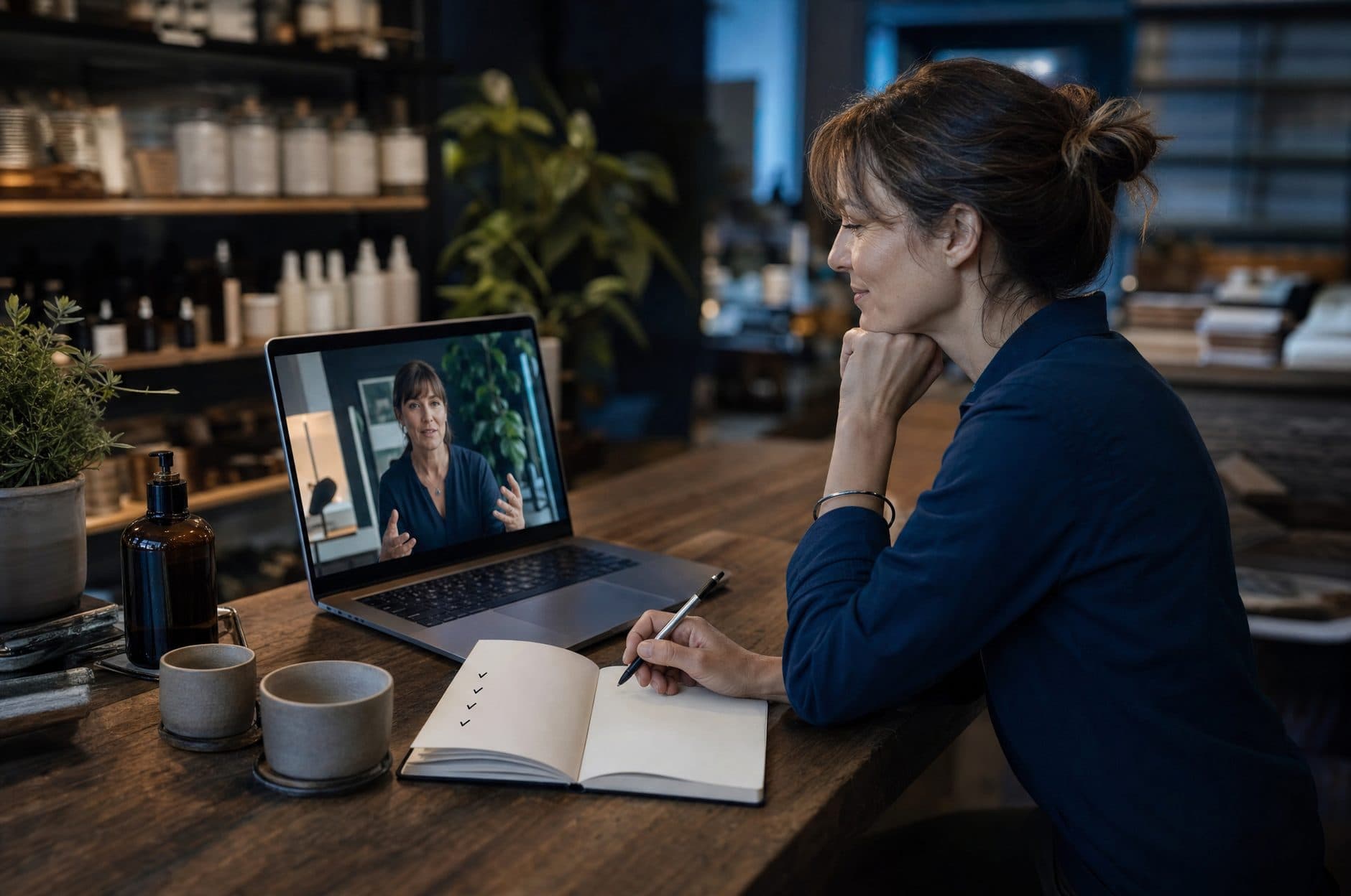 A shop owner on a video call with her consultant, notebook open at the counter