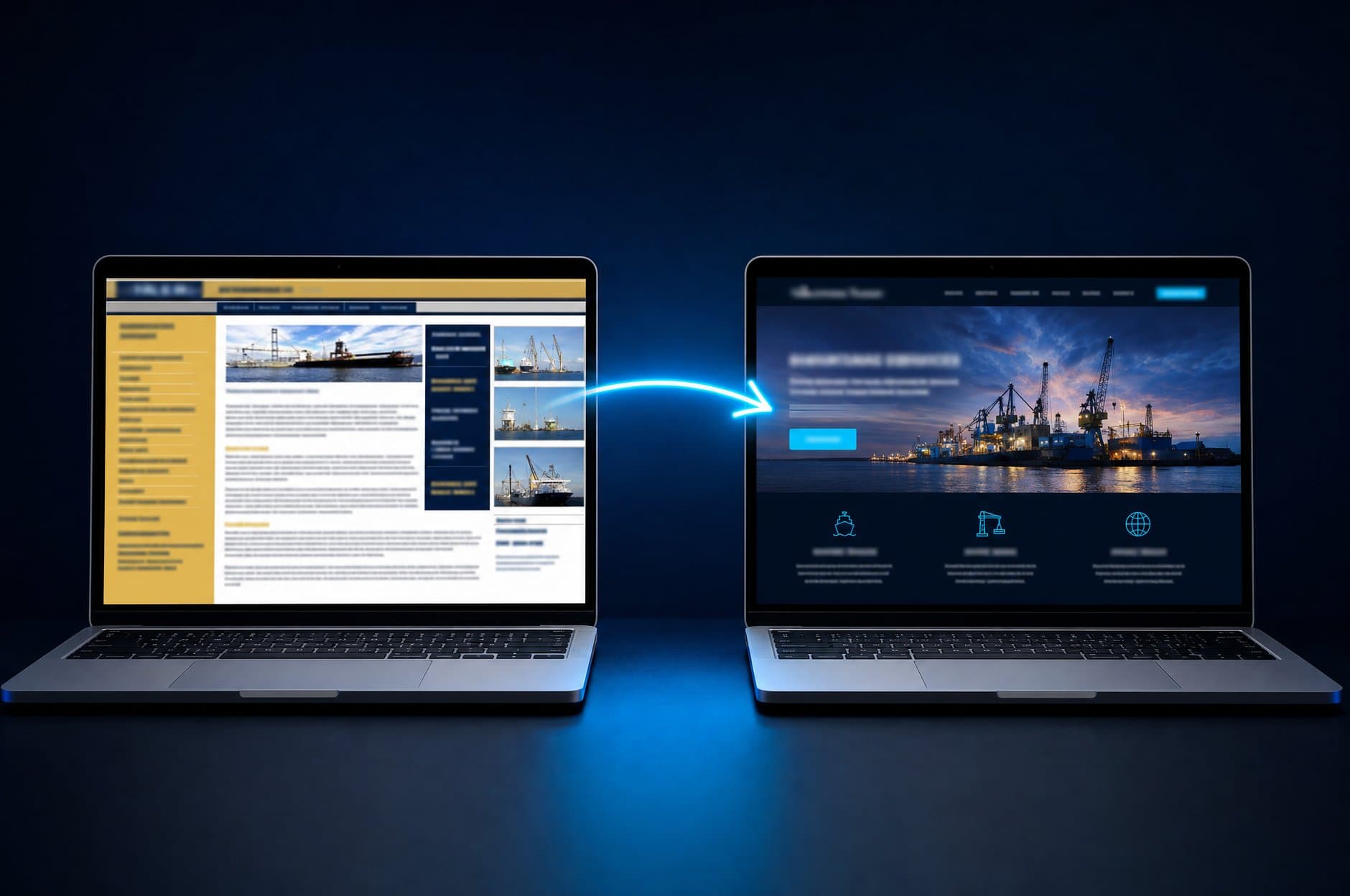 Two laptops side by side: a dated, cluttered website on the left and the same business as a clean modern site on the right