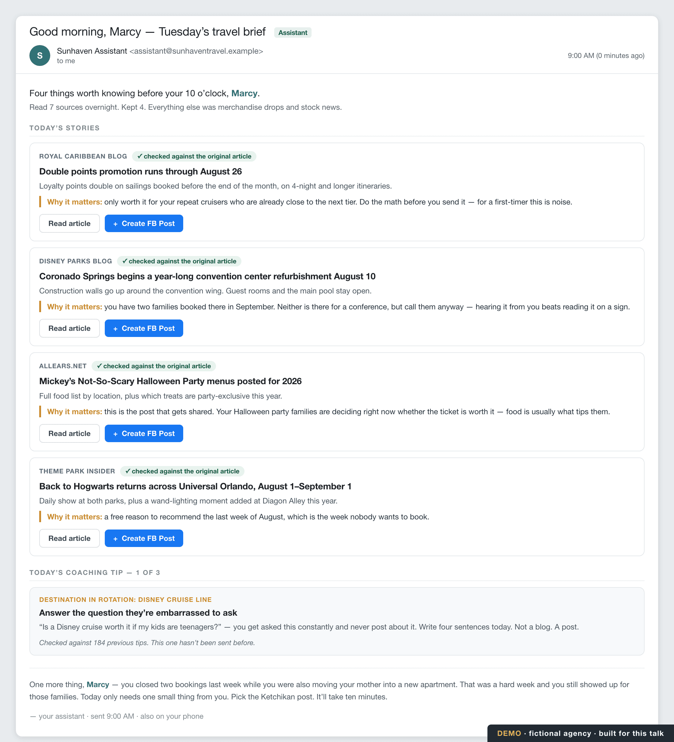A morning travel-industry brief email with four verified story cards, each showing its source and a Create Facebook Post button.