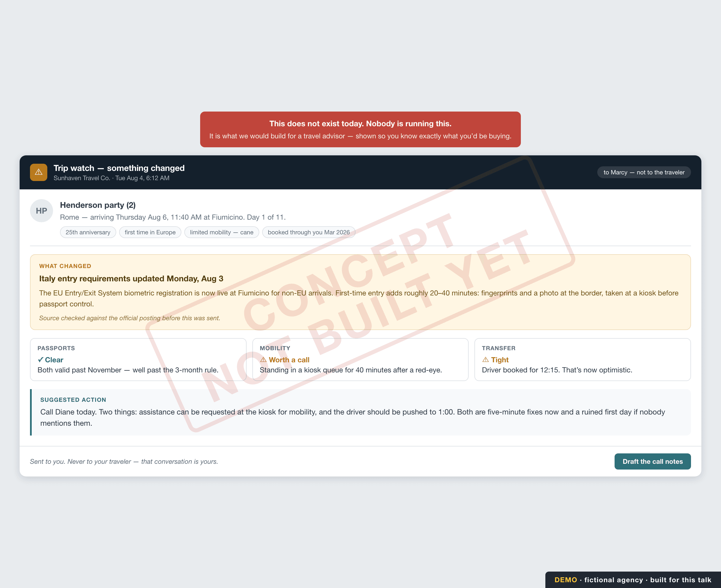 A concept alert sent to the advisor about an entry-requirement change affecting a client arriving in Rome, watermarked as not built yet.
