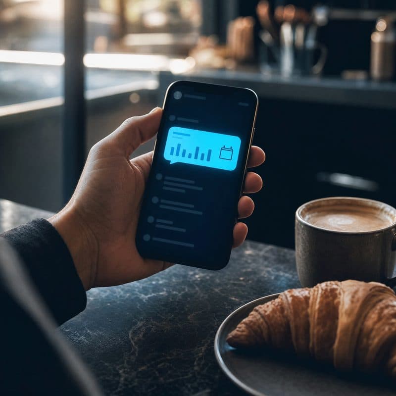 A phone on a kitchen counter showing the morning briefing from a personal AI agent, coffee beside it