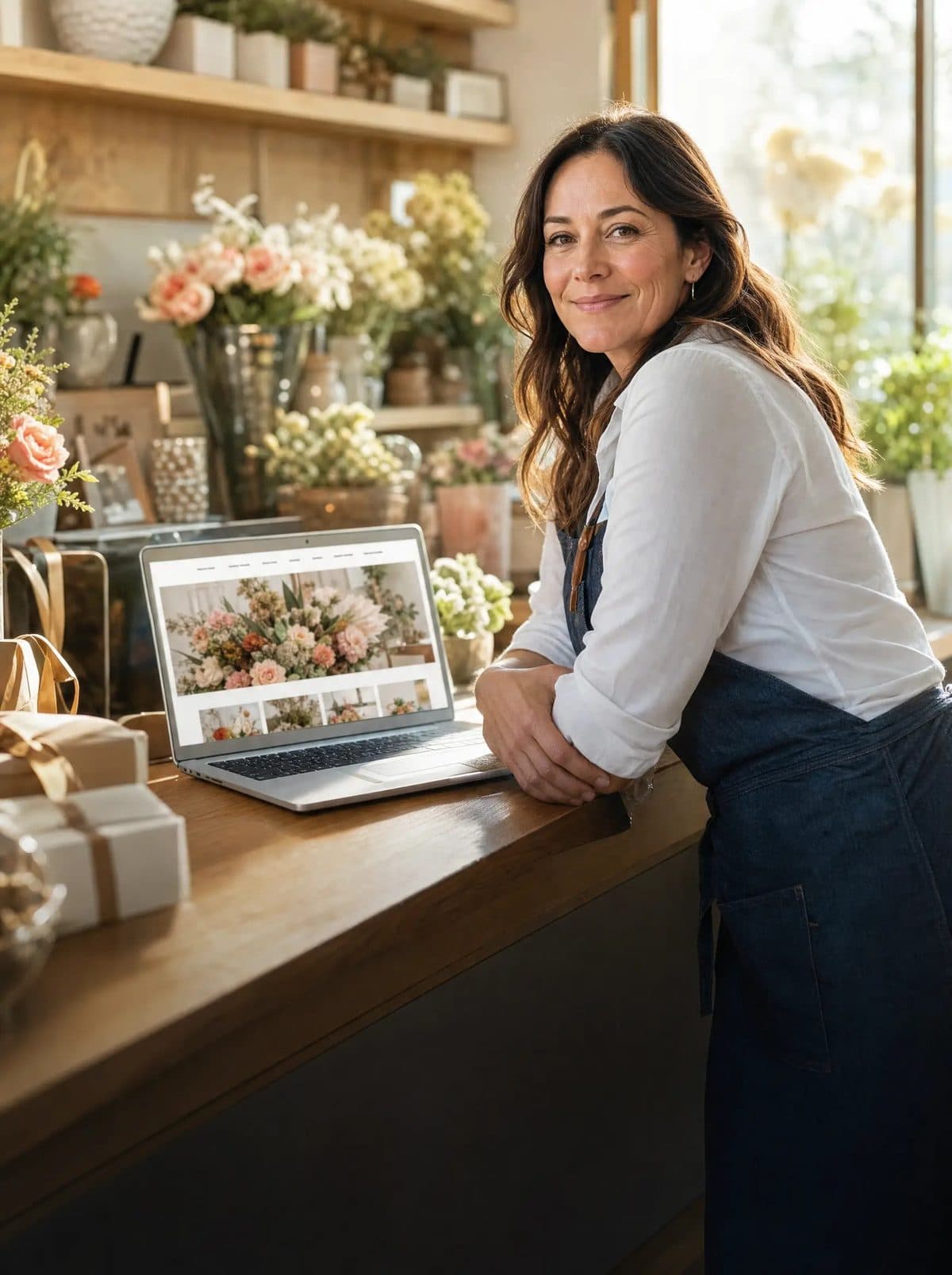A florist and a consultant reviewing her new website on a laptop in her shop