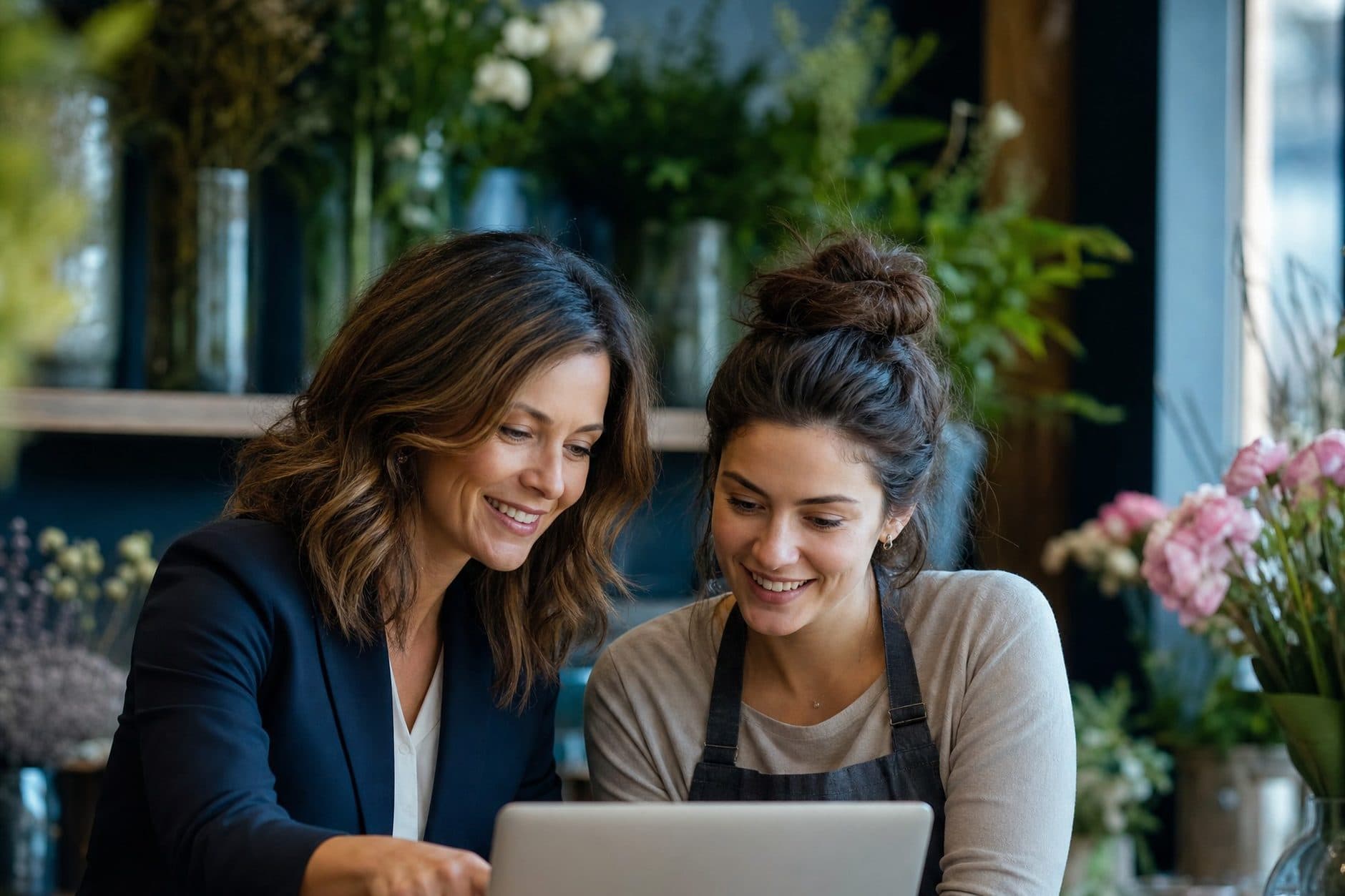 A business coach and a shop owner working together at one laptop in a flower shop