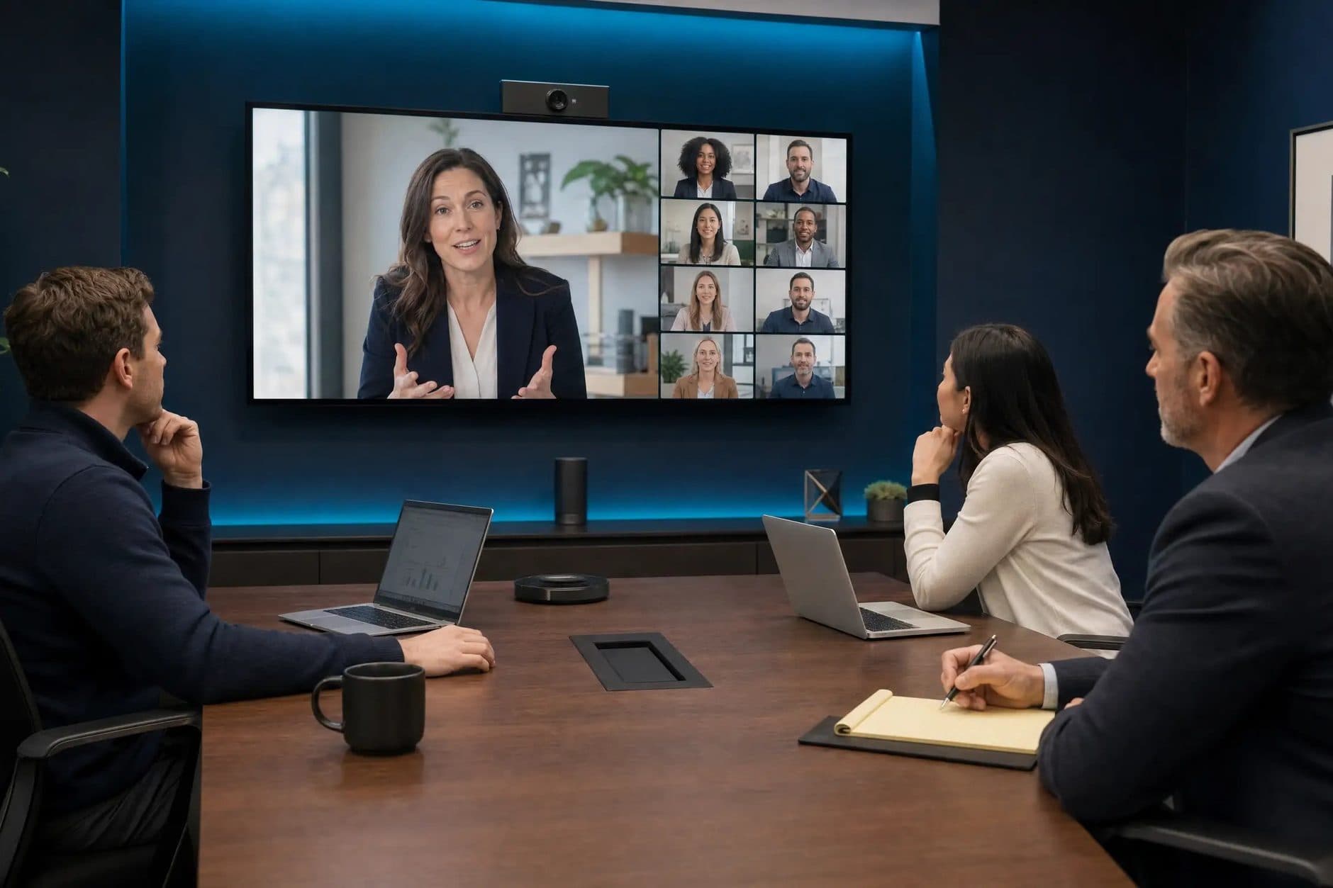 A team in a conference room joining a live online training on a wall screen