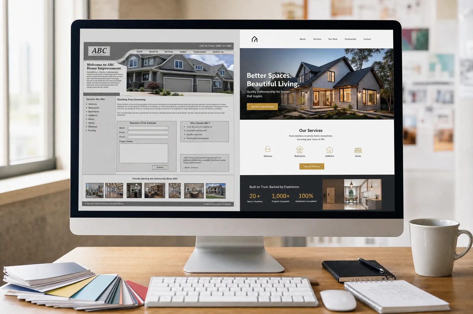 A before-and-after website redesign on a designer's monitor